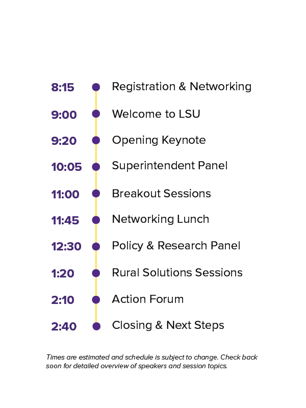 Summit Schedule: 8:15 Registration & Networking 9:00 Welcome to LSU 9:20 Opening Keynote 10:05 Superintendent Panel 11:00 Breakout Sessions 11:45 Networking Lunch 12:30 Policy & Research Panel 1:20 Rural Solutions Sessions 2:10 Action Forum 2:40 Closing & Next Steps. Times are estimated and schedule is subject to change. Check back soon for detailed overview of speakers and session topics.
